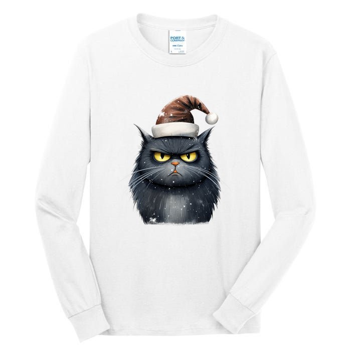 Grumpy Black Christmas Cat Santa Hat Tall Long Sleeve T-Shirt