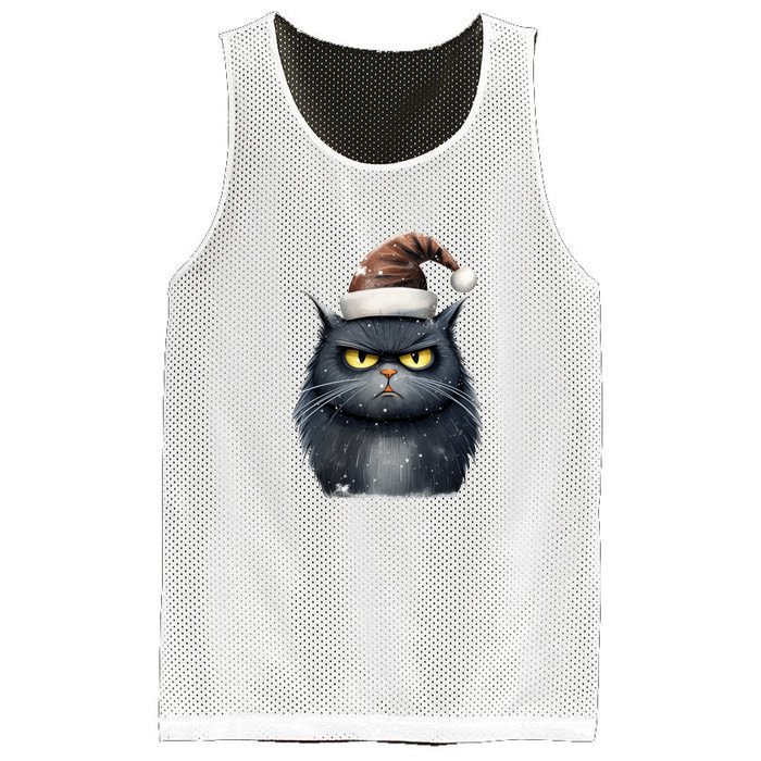 Grumpy Black Christmas Cat Santa Hat Mesh Reversible Basketball Jersey Tank