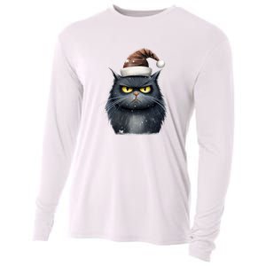 Grumpy Black Christmas Cat Santa Hat Cooling Performance Long Sleeve Crew