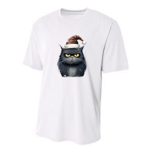 Grumpy Black Christmas Cat Santa Hat Youth Performance Sprint T-Shirt