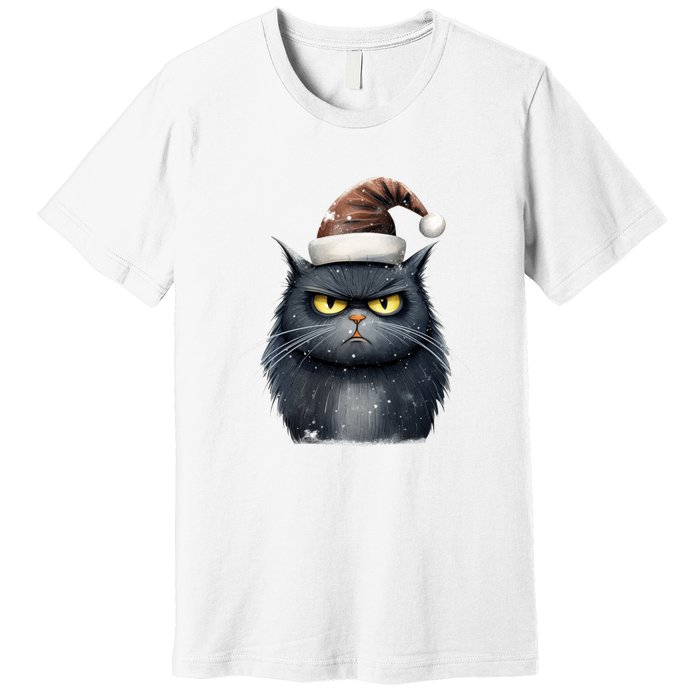 Grumpy Black Christmas Cat Santa Hat Premium T-Shirt