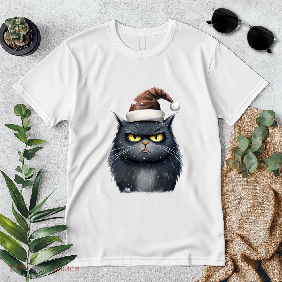 Grumpy Black Christmas Cat Santa Hat Premium T-Shirt