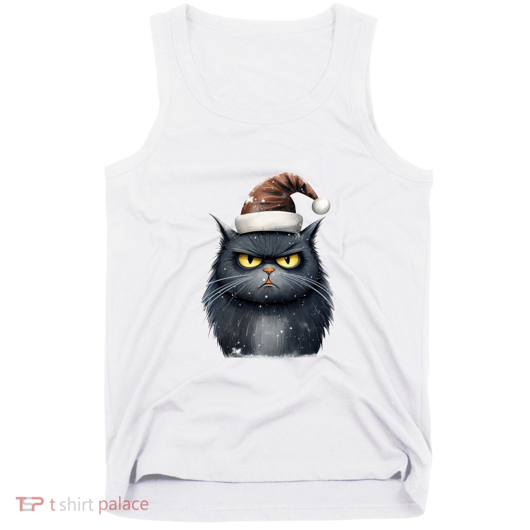 Grumpy Black Christmas Cat Santa Hat Tank Top