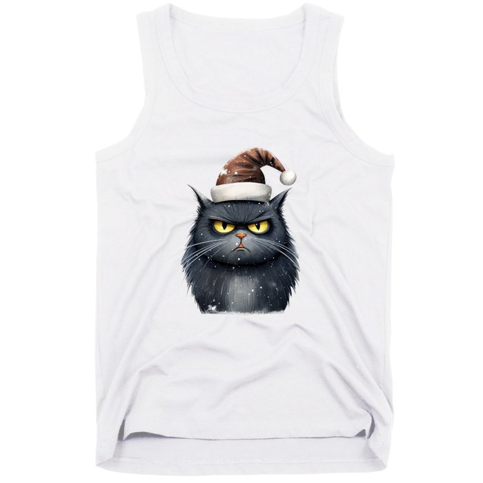 Grumpy Black Christmas Cat Santa Hat Tank Top