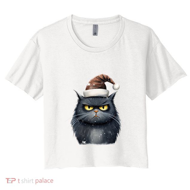 Grumpy Black Christmas Cat Santa Hat Crop Top