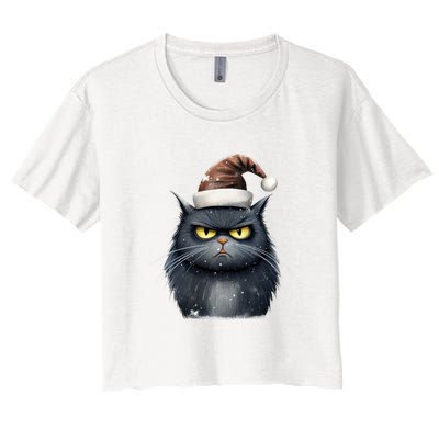 Grumpy Black Christmas Cat Santa Hat Women's Crop Top Tee