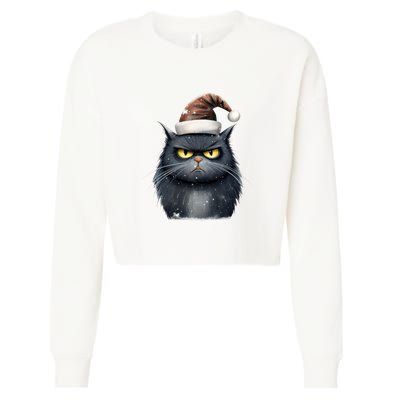 Grumpy Black Christmas Cat Santa Hat Cropped Pullover Crew