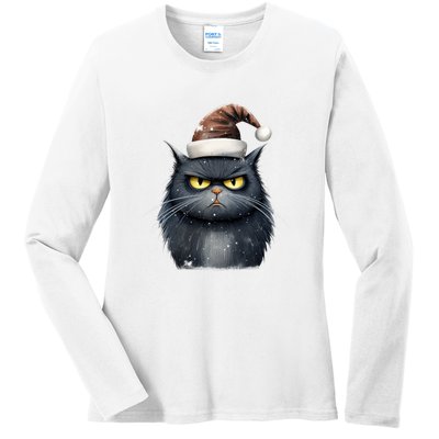 Grumpy Black Christmas Cat Santa Hat Ladies Long Sleeve Shirt