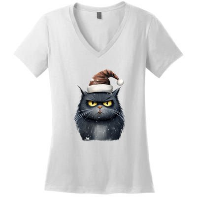 Grumpy Black Christmas Cat Santa Hat Women's V-Neck T-Shirt