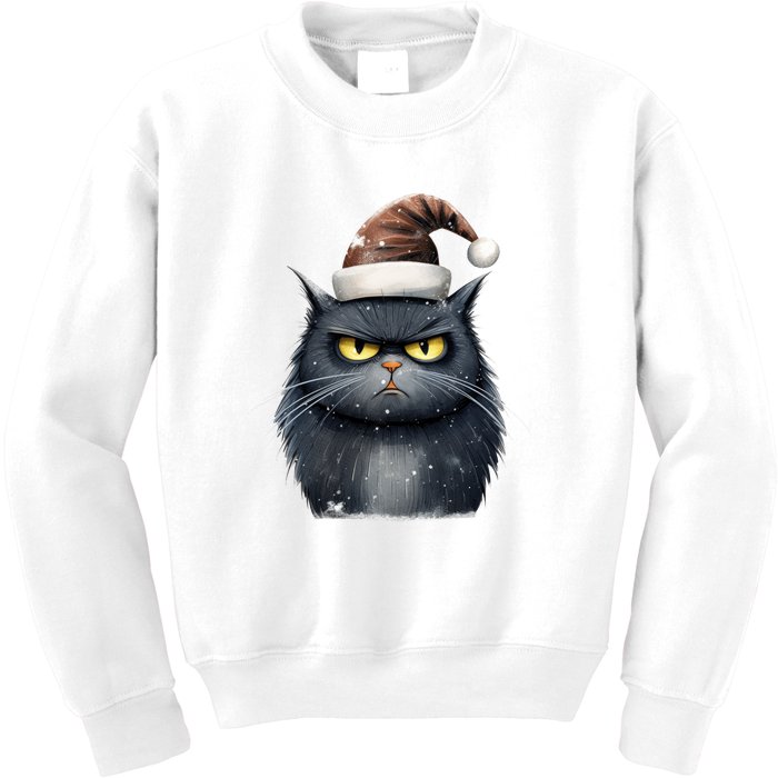 Grumpy Black Christmas Cat Santa Hat Kids Sweatshirt