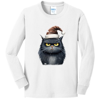 Grumpy Black Christmas Cat Santa Hat Kids Long Sleeve Shirt