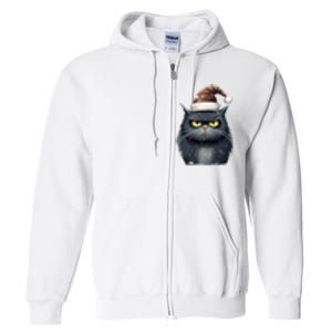 Grumpy Black Christmas Cat Santa Hat Full Zip Hoodie