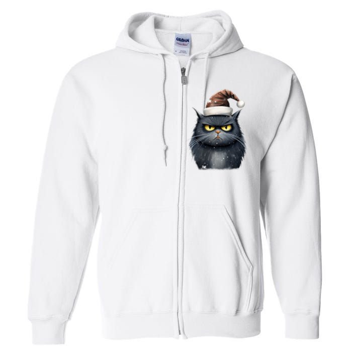 Grumpy Black Christmas Cat Santa Hat Full Zip Hoodie