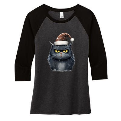 Grumpy Black Christmas Cat Santa Hat Women's Tri-Blend 3/4-Sleeve Raglan Shirt