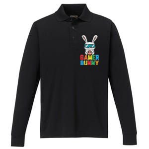 Gamer Bunny Cute Easter Video Game Gaming Performance Long Sleeve Polo