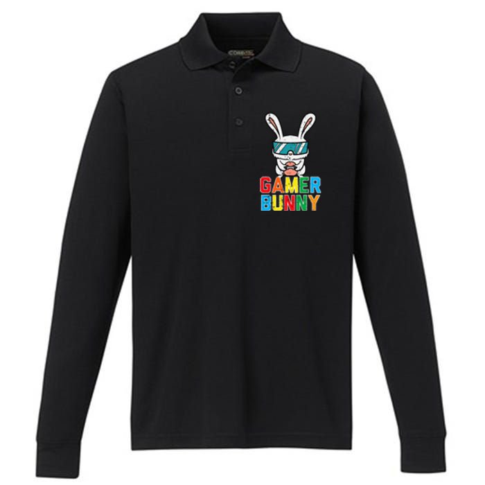 Gamer Bunny Cute Easter Video Game Gaming Performance Long Sleeve Polo