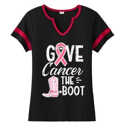 Give Breast Cancer The Boot Pink Ribbon Awareness Women Ladies Halftime Notch Neck Tee