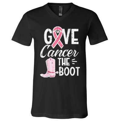 Give Breast Cancer The Boot Pink Ribbon Awareness Women V-Neck T-Shirt