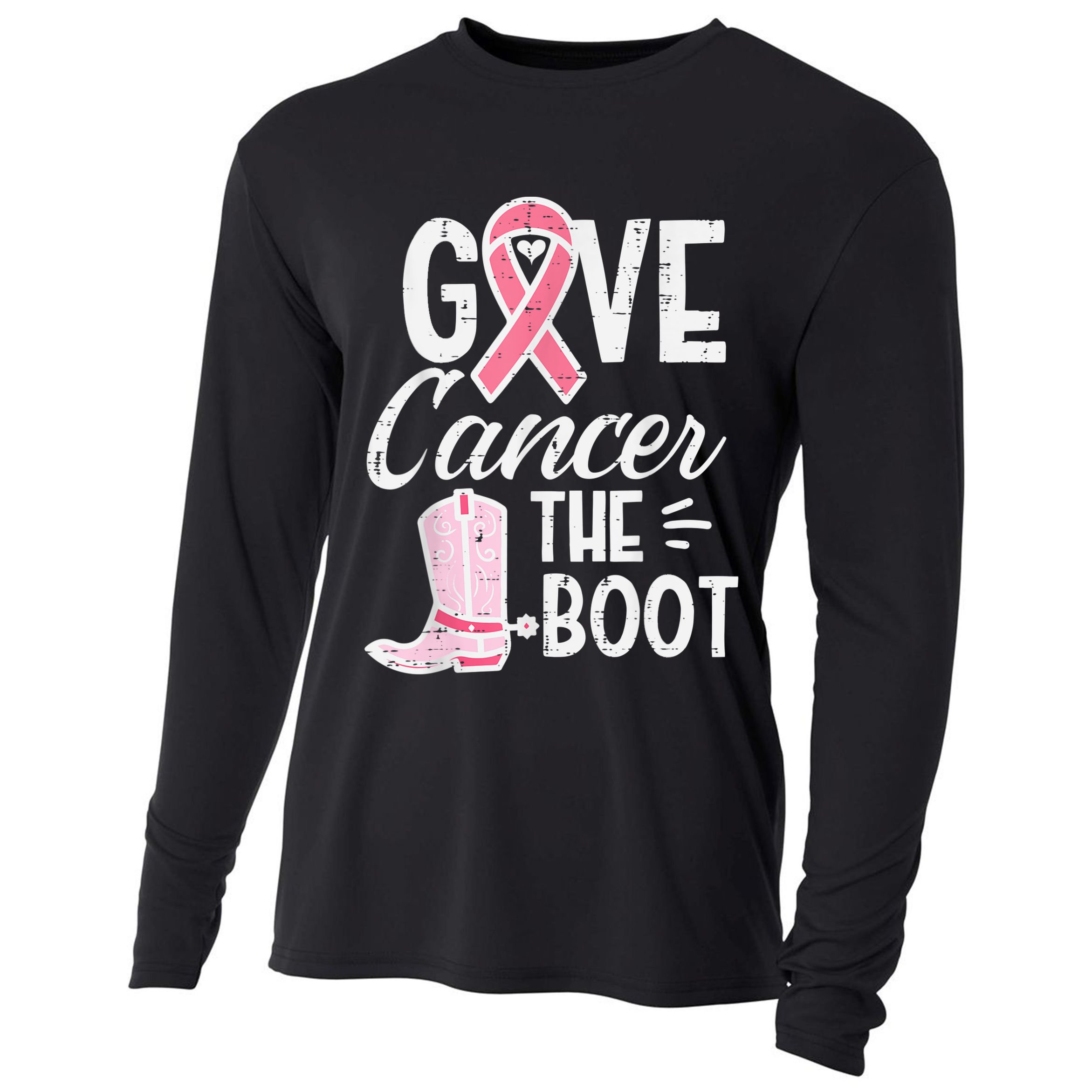 Give Breast Cancer The Boot Pink Ribbon Awareness Women Cooling Performance Long Sleeve Crew