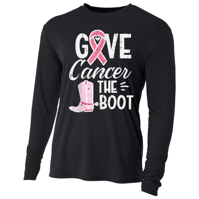 Give Breast Cancer The Boot Pink Ribbon Awareness Women Cooling Performance Long Sleeve Crew