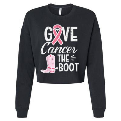 Give Breast Cancer The Boot Pink Ribbon Awareness Women Cropped Pullover Crew