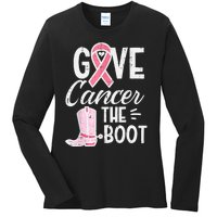 Give Breast Cancer The Boot Pink Ribbon Awareness Women Ladies Long Sleeve Shirt