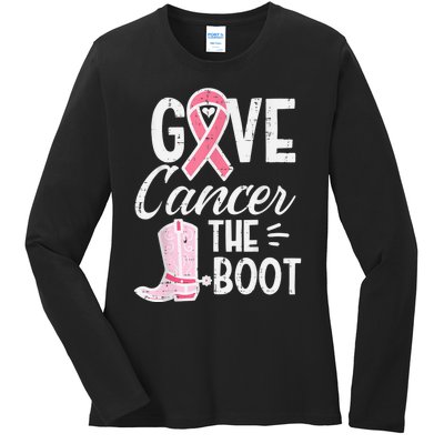 Give Breast Cancer The Boot Pink Ribbon Awareness Women Ladies Long Sleeve Shirt