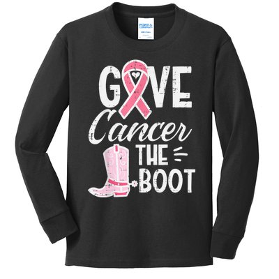 Give Breast Cancer The Boot Pink Ribbon Awareness Women Kids Long Sleeve Shirt