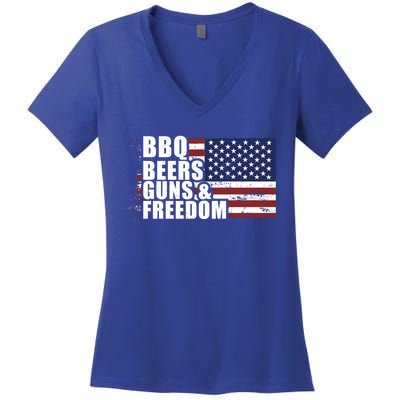 Grilling Barbecue Cool Bbq Beers Guns And Freedom Cool Gift Women's V-Neck T-Shirt