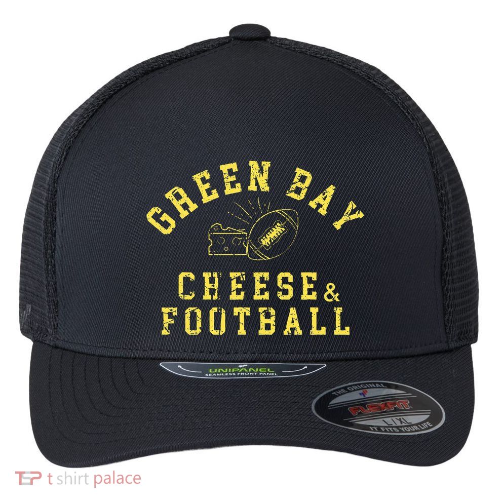 Green Bay Cheese & Football Distressed Gift Flexfit Unipanel Trucker Cap