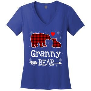 Granny Bear Christmas Pajama Red Plaid Buffalo Family Xmas Gift Women's V-Neck T-Shirt