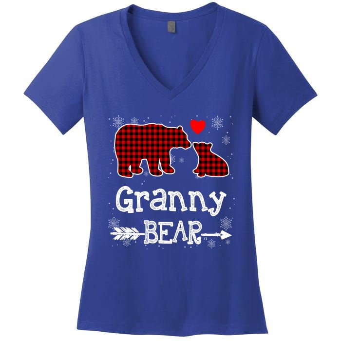 Granny Bear Christmas Pajama Red Plaid Buffalo Family Xmas Gift Women's V-Neck T-Shirt