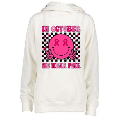 Groovy Breast Cancer Awareness In October We Wear Pink Womens Funnel Neck Pullover Hood