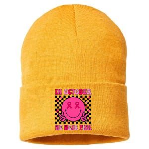 Groovy Breast Cancer Awareness In October We Wear Pink Sustainable Knit Beanie