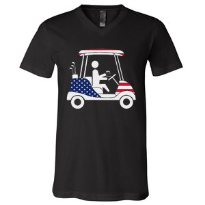 Golfing Beer Drinker Usa American Flag Golf Cart Gift V-Neck T-Shirt