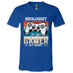 Geologist By Day Gamer By Night Video Gaming Fans Retro Meaningful Gift V-Neck T-Shirt