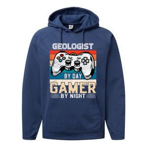 Geologist By Day Gamer By Night Video Gaming Fans Retro Meaningful Gift Performance Fleece Hoodie