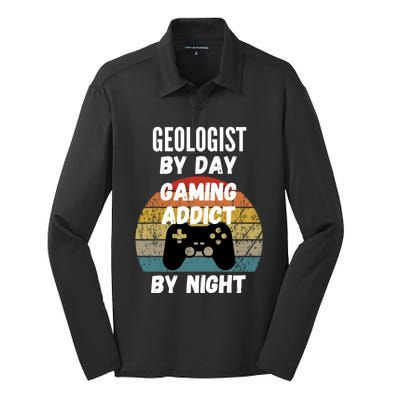 Geologist By Day Gaming Addict By Night Gift Silk Touch Performance Long Sleeve Polo