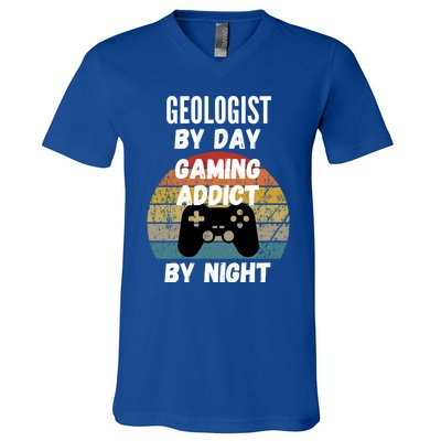 Geologist By Day Gaming Addict By Night Gift V-Neck T-Shirt