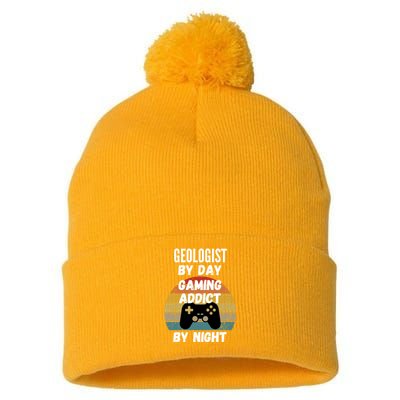 Geologist By Day Gaming Addict By Night Gift Pom Pom 12in Knit Beanie