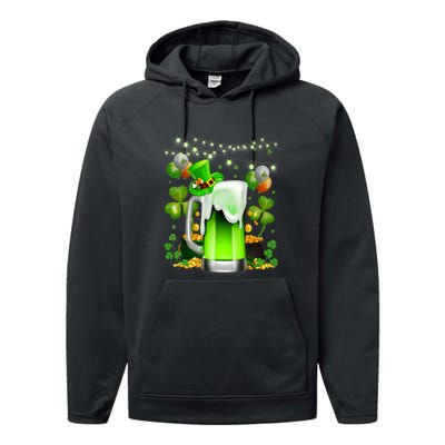 Green Beer Leprechaun St Patricks Day Shamrock Men Drinking  Performance Fleece Hoodie