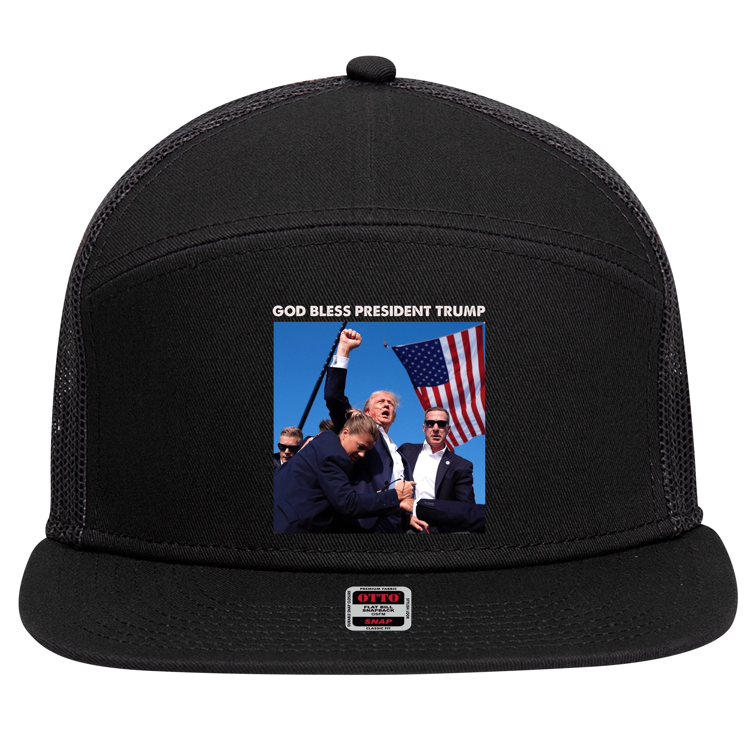 God Bless Donald Trump Survived Shot At Election Rally 7 Panel Mesh Trucker Snapback Hat