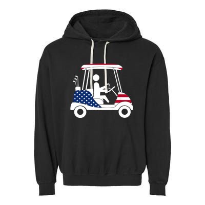 Golfing Beer Drinker | USA American Flag Golf Cart Gift Garment-Dyed Fleece Hoodie