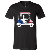 Golfing Beer Drinker | USA American Flag Golf Cart Gift V-Neck T-Shirt