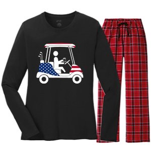 Golfing Beer Drinker | USA American Flag Golf Cart Gift Women's Long Sleeve Flannel Pajama Set 