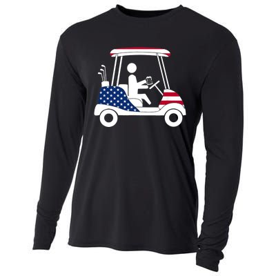 Golfing Beer Drinker | USA American Flag Golf Cart Gift Cooling Performance Long Sleeve Crew