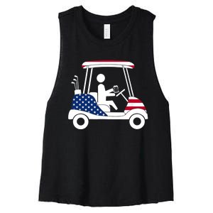 Golfing Beer Drinker | USA American Flag Golf Cart Gift Women's Racerback Cropped Tank