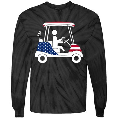 Golfing Beer Drinker | USA American Flag Golf Cart Gift Tie-Dye Long Sleeve Shirt