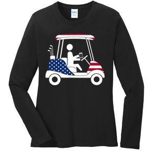 Golfing Beer Drinker | USA American Flag Golf Cart Gift Ladies Long Sleeve Shirt