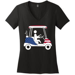 Golfing Beer Drinker | USA American Flag Golf Cart Gift Women's V-Neck T-Shirt